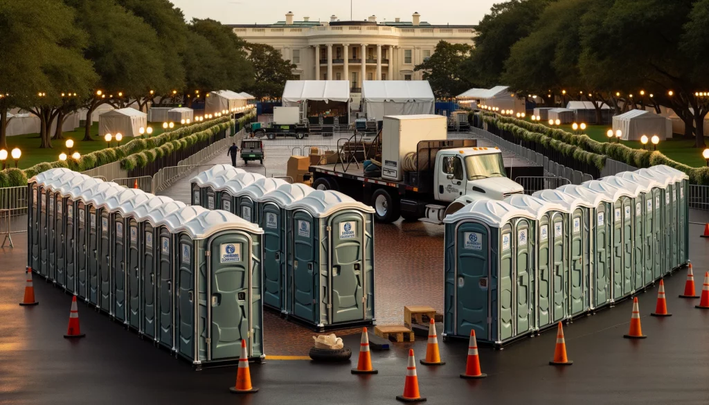 Festival porta potty bank with barricades in Louisville, Kentucky